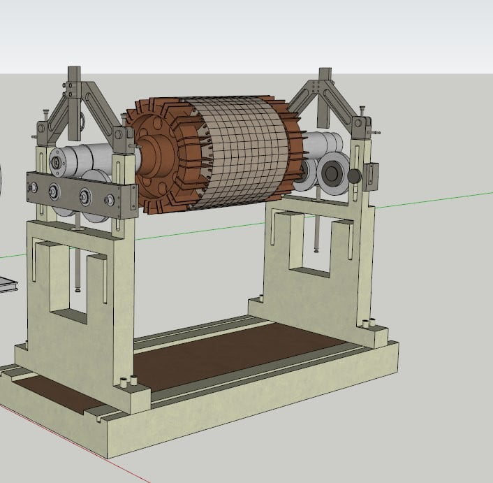 Rotor de motor elétrico numa máquina de equilibragem dinâmica com rolamentos de suporte e sensores para análise de vibrações